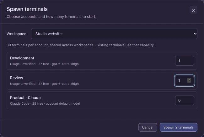 Startdialogen i appen: én ny terminal fra Development og én fra Review, klare til å startes samtidig.
