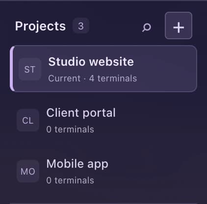 Prosjektlisten i appen, med nettside, kundeportal og mobilapp som separate arbeidsområder.